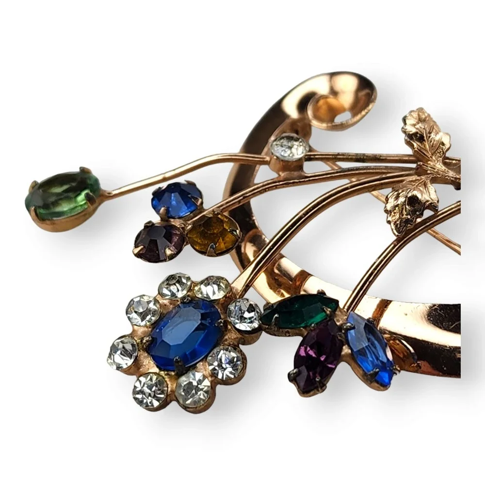 Vintage Sterling Silver Gold Vermeil Coro Craft Jeweled Rhinestone Brooch Pin